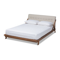 Baxton Studio BBT6735-Light Beige-Queen Sante Mid-Century Modern Light Beige Fabric Upholstered Wood Queen Size Platform Bed